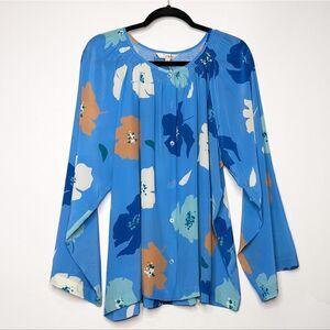 Tucker NYC Flare Sleeve Classic Blouse Cornflower Poppies in Silk Crepe de Chine